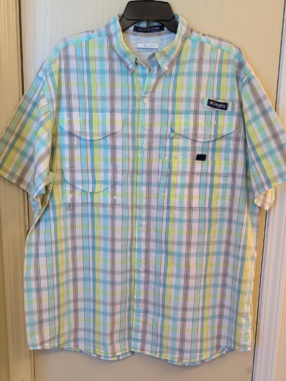 Columbia Men’s L Pastel Plaid Short Sleeve Button Down Shirt Cotton Blue Green